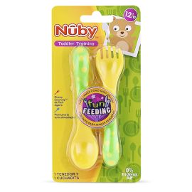 Nuby  - Set de Cubiertos - Cuchara y Tenedor verde/amarillo - 12m+